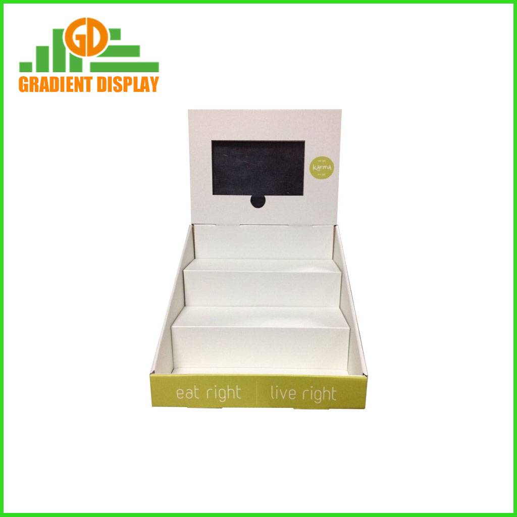 Customized 3-tier PDQ cardboard counter display shelf for Snacks